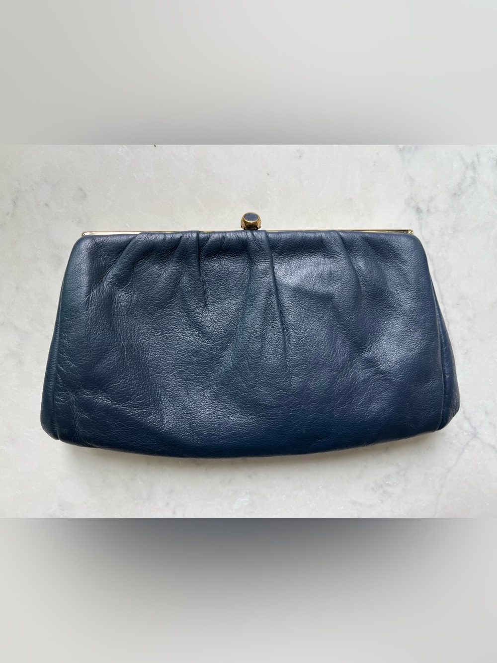 Vintage Navy Leather Clutch / Chain-Handle Evening Hand Bag - Picture 6 of 7
